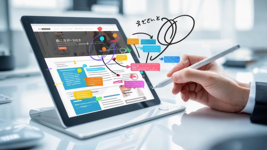 タブレットでWebサイトプレビューに修正指示を記入するクライアント