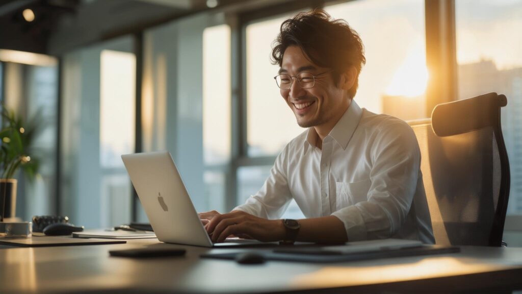完成したホームページを確認して笑顔を見せる日本人経営者