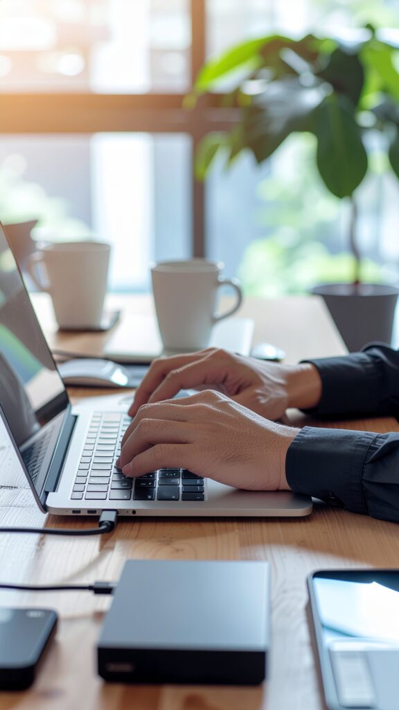 ノートパソコンでWebサイトを制作している様子、木製デスクでコーヒーを飲みながら作業