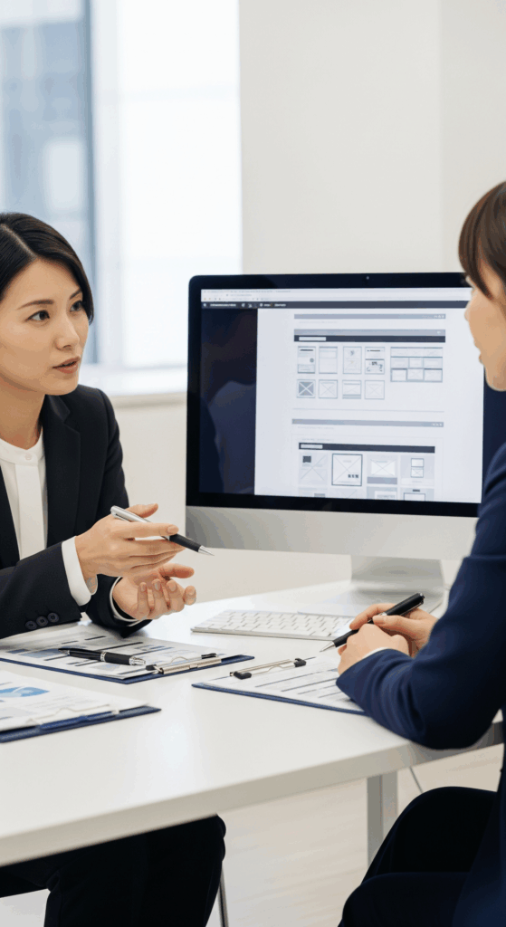 オフィスでWebサイトのワイヤーフレームを議論する日本人Webディレクターとクライアント。