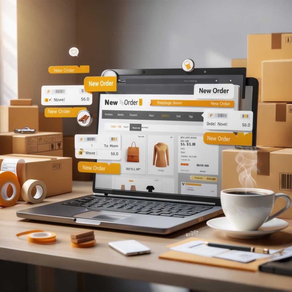 売上グラフが表示されたECサイト管理画面と発送準備された商品