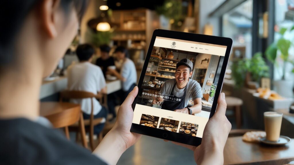 カフェでタブレットに表示された、完成したばかりのWebサイトを見つめる女性。