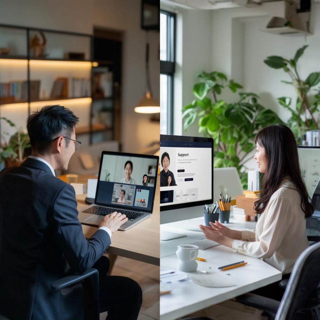 中小企業経営者とサポートスタッフの分割画面