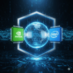 NvidiaとIntelのAIチップが連携し、地球上のデータを堅牢なシールドで保護する未来的なイメージ。AI時代のデータセンターとPC開発における強固なセキュリティと協業を示す