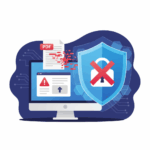 パソコン画面に表示される警告付きのPDFファイルと、赤いバツ印のセキュリティシールドで保護される様子。Adobe Acrobat/Readerの脆弱性対策とデータ保護の重要性を示すイラスト。