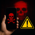 脱獄iPhoneの危険性を警告する赤いドクロマークと警告アイコンが表示されたスマートフォンのイメージ