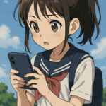 スマートフォンを操作する日本の小学生女子のアニメ風イラスト