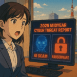東京の夜景を背景に、AI詐欺とランサムウェアの警告が表示されたモニターを見つめるアニメ調のシーン。冷たい青と赤い警告の対比が印象的。