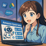 青い回路模様の背景に、Amazon Quick Suiteの画面を操作する女性エンジニアを描いたアニメ風イラスト。
