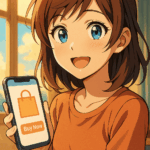 スマートフォンで「Buy Now」ボタンを見せながら微笑む女性のアニメ風イラスト。