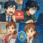 ランサムウェア攻撃に対応するエンジニアたちを描いたアニメ風イラスト。赤い警告画面と緊張した表情の人物が印象的。