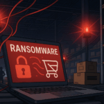 赤い警告灯が点滅する倉庫でコンベヤが停止し、ノートPCに「RANSOMWARE」と錠前アイコンが表示されたアニメ風イラスト。箱の山と「買い物中止」を示す記号が描かれ、EC停止の影響が伝わる。