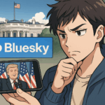 ホワイトハウスのシルエットとBlueskyロゴを背景に、スマートフォン画面上でトランプ氏の演説動画が再生されているアニメ風イラスト。SNS上の対立と反応を象徴する構図。