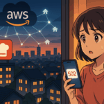 夕暮れの街を俯瞰し、上空のAWSクラウドから光るネットワーク線が各家庭へ伸びるアニメ風イラスト。ビル屋上の赤いレシピ系アイコンと、窓辺で「502」エラーを確認する人影が見え、夕食時の障害と生活への影響を象徴する。