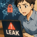 データセンターを背景に、赤い警告マークと暗号化コードが浮かぶアニメ風サイバーセキュリティシーン。