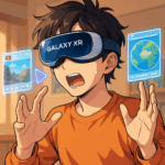 Galaxy XRヘッドセットを装着した男女がホログラムを操作しているアニメ風イラスト。背景には未来都市の夜景と浮かぶデジタルUIが描かれている。