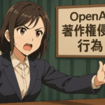日本政府がOpenAIに著作権侵害行為を行わないよう要請する記者会見を描いたアニメスタイルのシーン