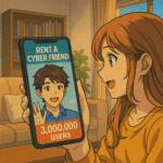 スマートフォンの画面に「Rent a Cyber Friend」と表示され、仮想の友人が笑顔で手を振るアニメ風イラスト。温かみのある光とセル塗りが印象的。