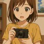 スマホ世代の若者がコンデジを手に取り、興味深そうに操作している様子を描いたアニメスタイルのイラスト。自然光の中で好奇心と新鮮さが伝わる。