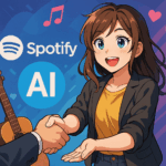 SpotifyロゴとAIのシンボルが背景に浮かび、音楽とAIの調和を象徴するアニメ風イラスト。