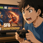 夜の部屋でストリートファイター6世界大会の配信を真剣に観戦する青年を描いたアニメイラスト。画面の光が彼の表情を照らし、熱気と緊張感が伝わる。