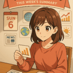 日曜日のカレンダーとニュースを並べて「今週のまとめ」を準備する女性を描いたアニメ風アイキャッチ