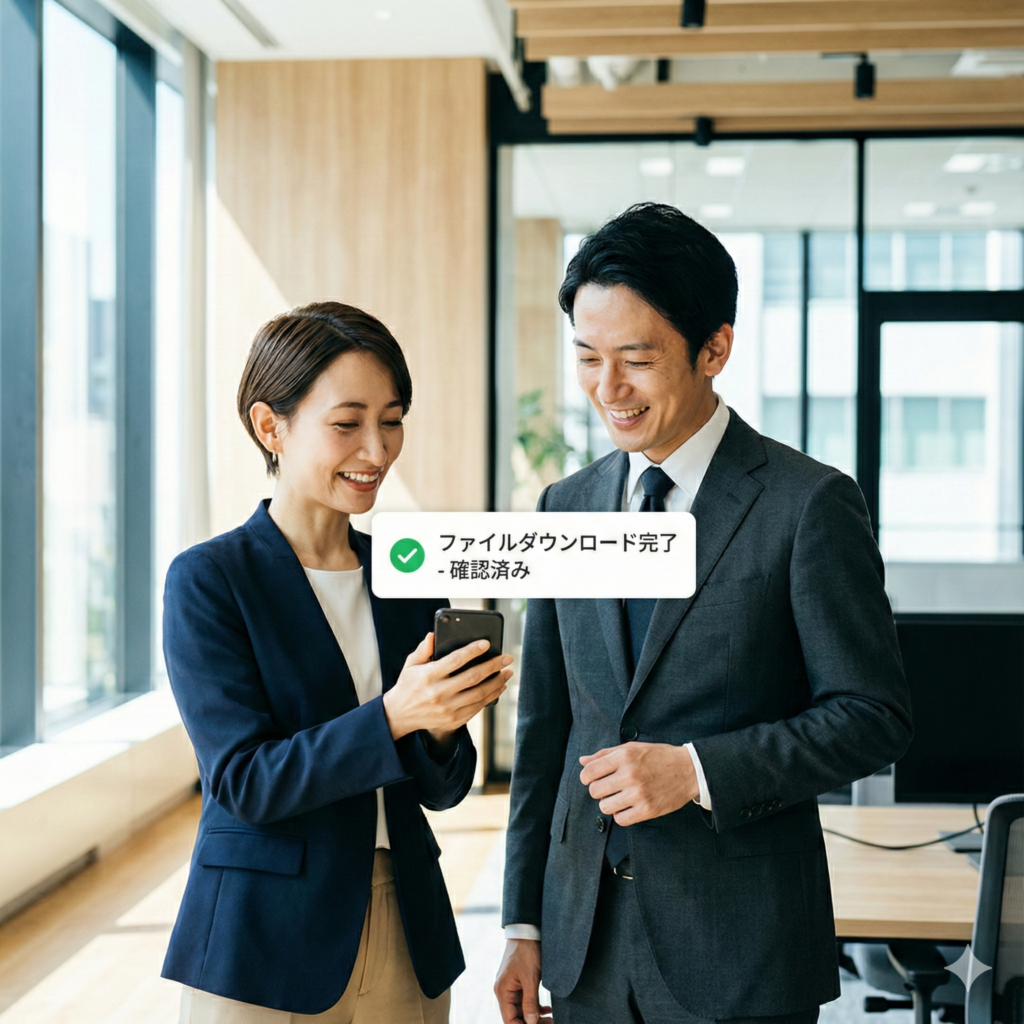 DataGateの開封確認機能:ファイルダウンロード完了の通知をスマートフォンで確認する日本人ビジネスパーソン