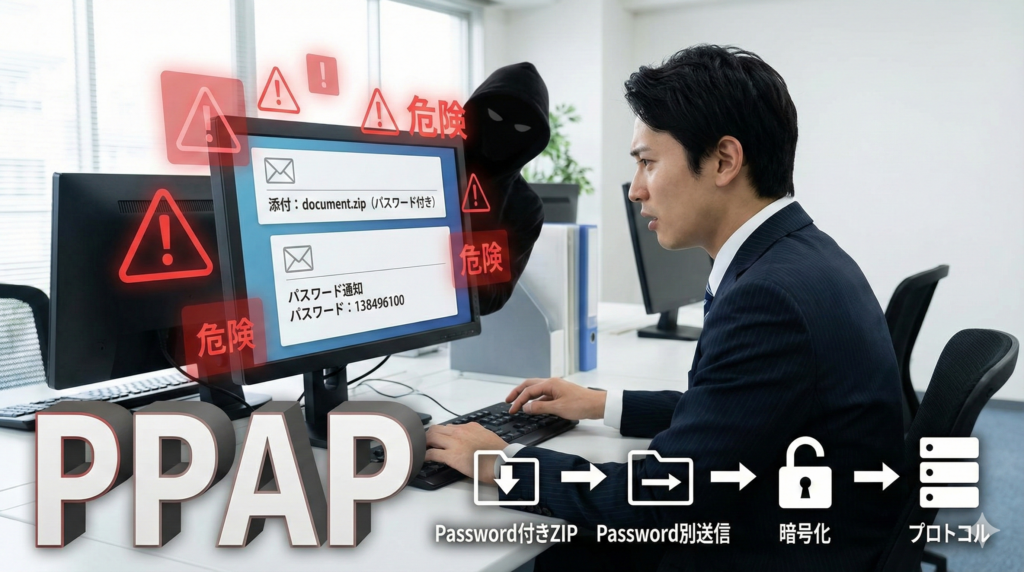 PPAP方式でパスワード付きZIPとパスワードを別メールで送る様子と、その危険性を表現した日本のオフィス風フォトリアル画像