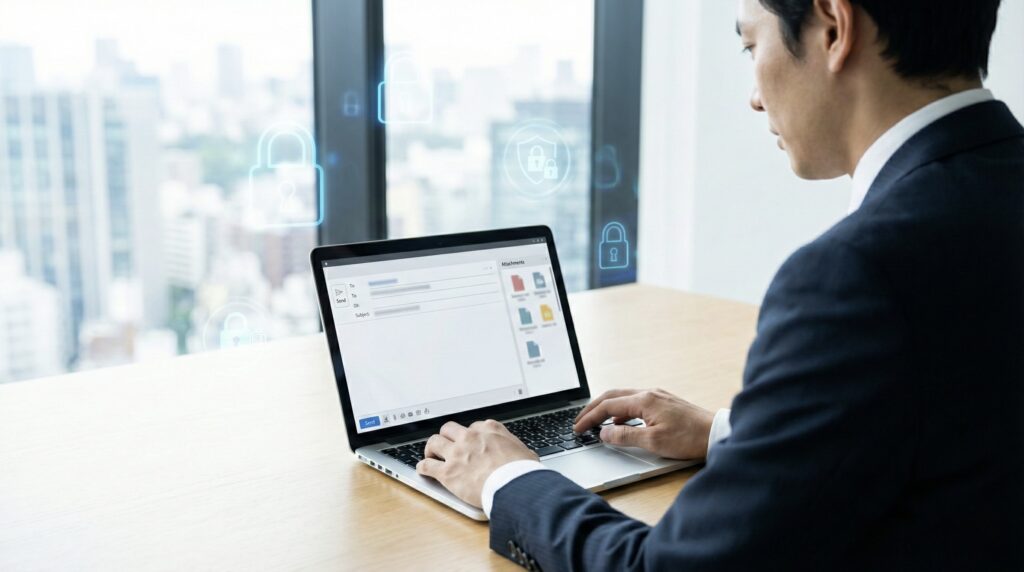 オフィスでノートPCから添付ファイル付きメールを送信する日本人ビジネスパーソンと、背景に表示された青いセキュリティアイコン