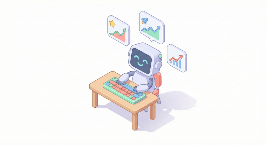 AIによる自動記事作成と成長を表現したイラスト