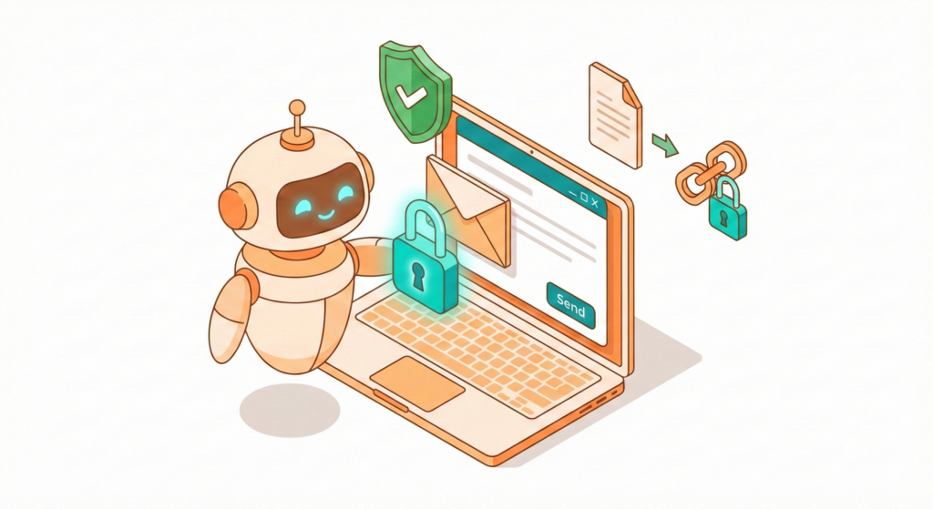 いつものメール作成画面で、ボタンひとつで安全に」 Outlookのメール作成画面を模した画像です。