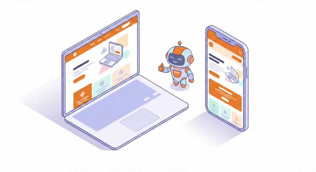 PCとスマホが並んでいて、同じモダンなサイトが表示されている画像