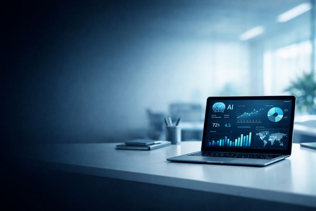 AIダッシュボードを表示したノートパソコンのあるモダンなオフィス - AI導入支援サービス