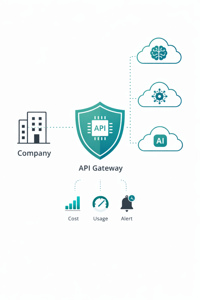 APIゲートウェイによるAIサービス一元管理の概念図