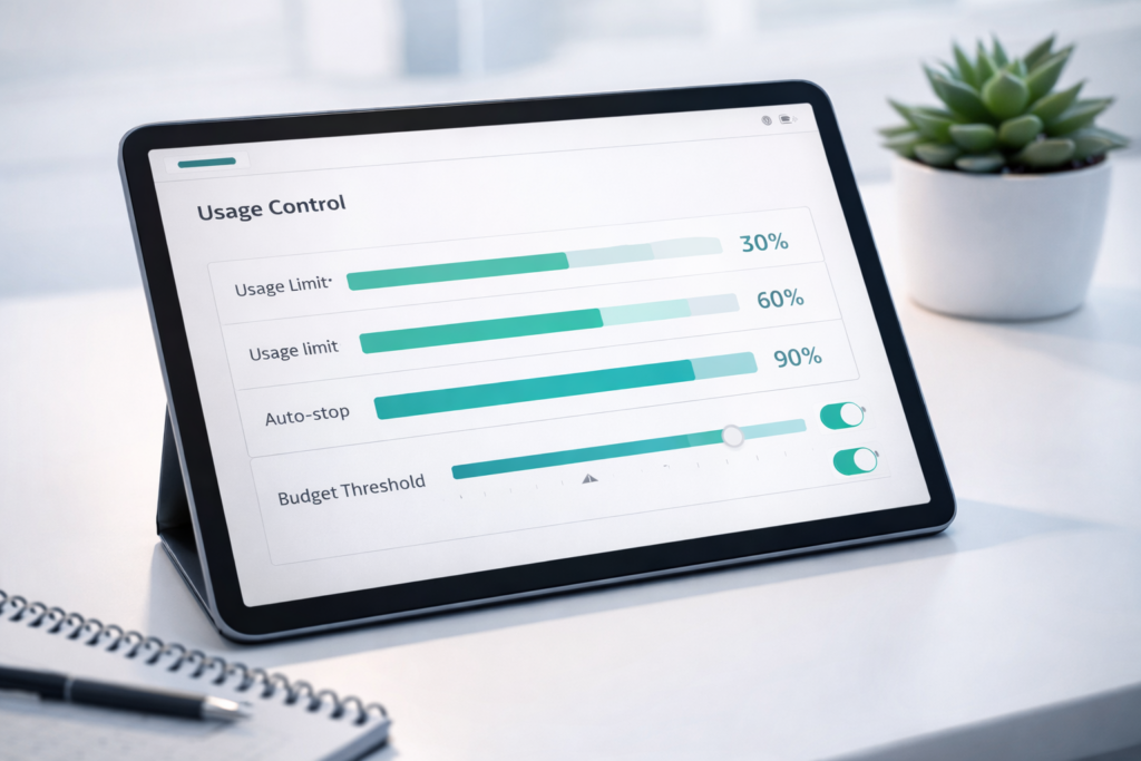 利用上限と自動停止機能を備えたコスト管理パネル