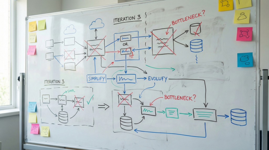 設計の試行錯誤が描かれたホワイトボード - 本番運用から生まれたシステム設計